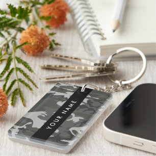 Llavero Patrón de camuflaje gris, tu nombre, Personaliza