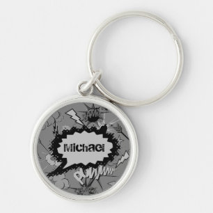 Llavero Patrón de cómic gris retro personalizado