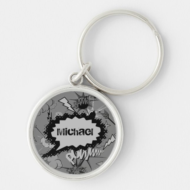 Llavero Patrón de cómic gris retro personalizado (Frente)