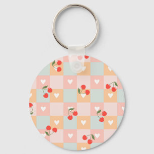 Llavero Patrón de cuadros de cereza pastel y corazón