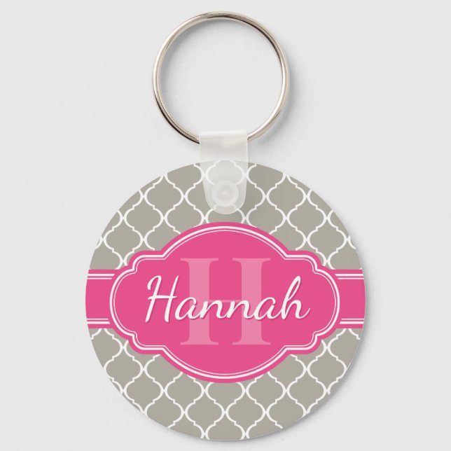 Llavero Patrón de cuarzo blanco gris Monograma rosado (Anverso)