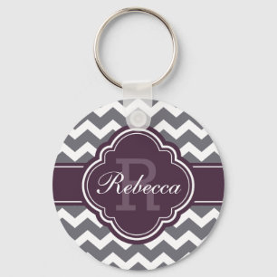 Llavero Patrón de Cuatrefoil Morado Monograma Gris Chevron