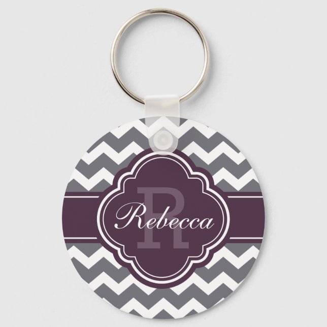 Llavero Patrón de Cuatrefoil Morado Monograma Gris Chevron (Anverso)