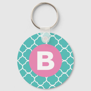Llavero Patrón de Cuatrefoil Teal con Monograma Rosa Perso