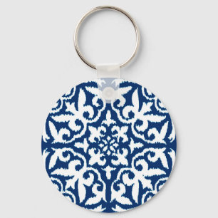 Llavero Patrón de damasco de Ikat - Azul cobalto y blanco