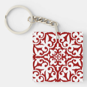 Llavero Patrón de damasco de Ikat - rojo oscuro y blanco