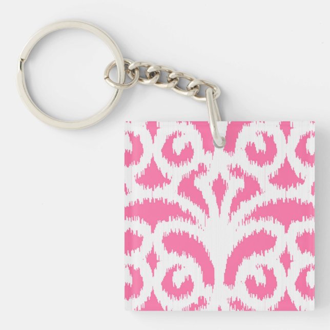 Llavero Patrón de damasco de Ikat - Rosa fluorescente (Frente)
