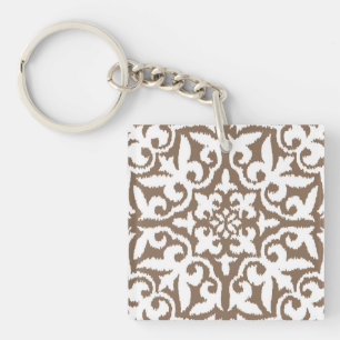 Llavero Patrón de damasco de Ikat - Taupe Tan y Blanco