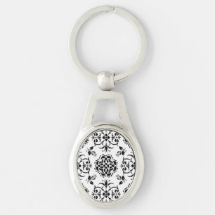 Llavero Patrón de damasco estilo vintage en blanco y negro