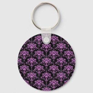 Llavero Patrón de damasco floral negro y fucsia