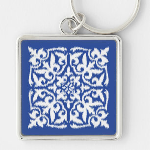 Llavero Patrón de damasco ikat - azul cobalto y blanco
