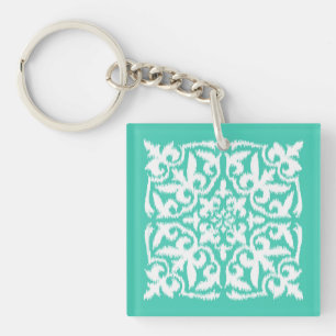 Llavero Patrón de damasco ikat - azul pavo real y blanco