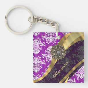Llavero Patrón de damasco morado de bonito personalizada
