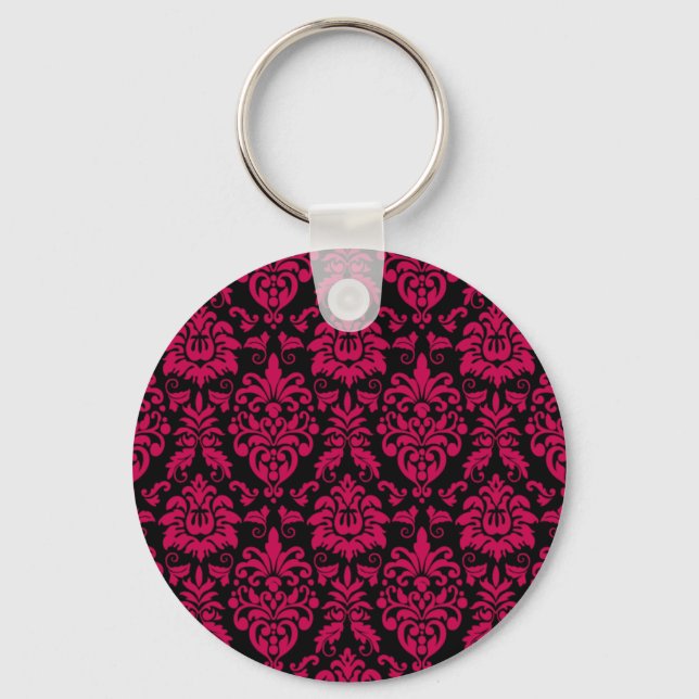 Llavero Patrón de Damasco negro rosa caliente (Anverso)