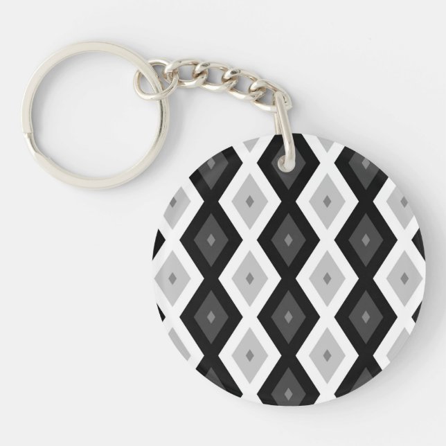 Llavero Patrón de diamante negro, blanco y gris (Frente)