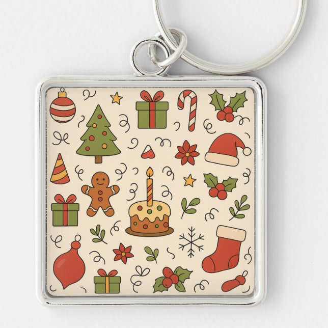Llavero Patrón de Doodle Navideño Alegre (Frente)