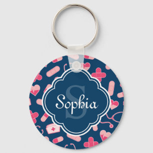 Llavero Patrón de enfermera rosa y azul con monograma