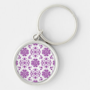 Llavero Patrón de estilo damasco floral púrpura y blanco