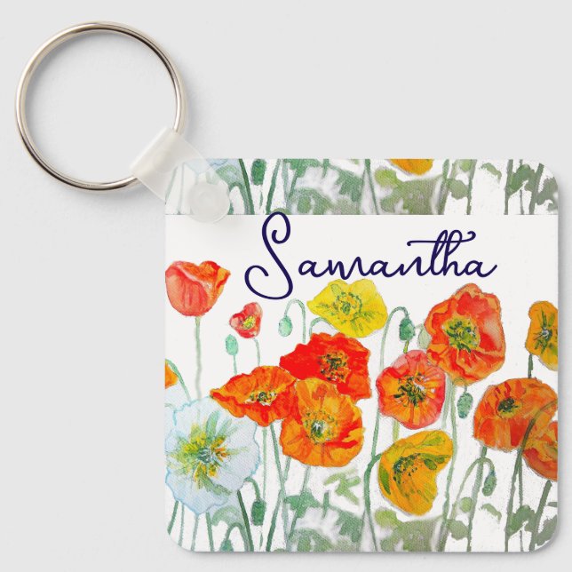 Llavero Patrón de flor de amapola roja naranja Gracias (Anverso)