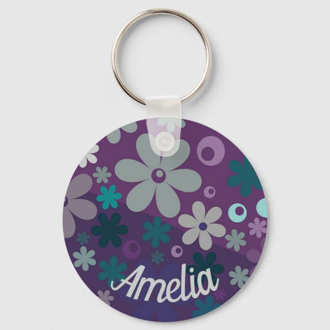 Llavero Patrón de Flor Morada Personalizado Lindo (Anverso)
