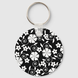 Llavero Patrón de flores de remolino blanco y negro lindo