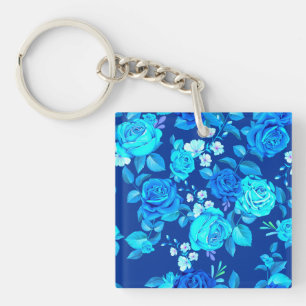 Llavero Patrón de flores de rosa azul clásica-87600
