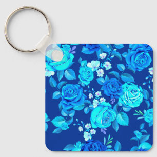 Llavero Patrón de flores de rosa azul clásica-87600