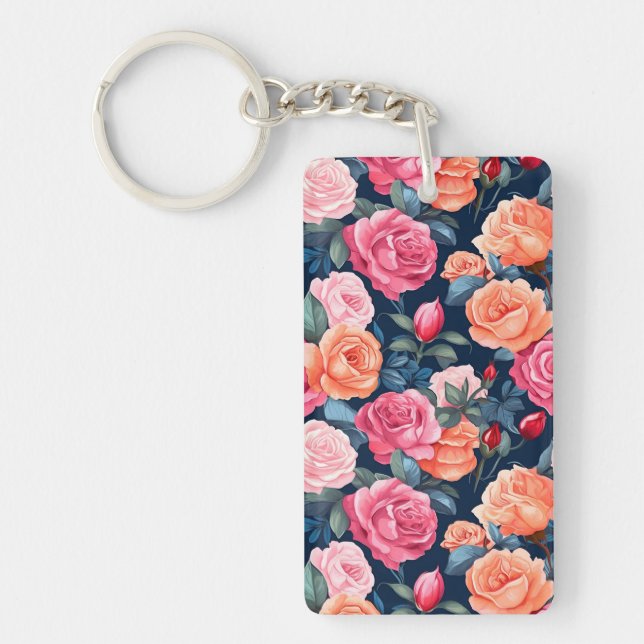 Llavero Patrón de flores florecientes para rosas-80037 (Frente)