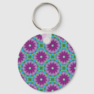 Llavero Patrón de flores magenta, rosa y verde