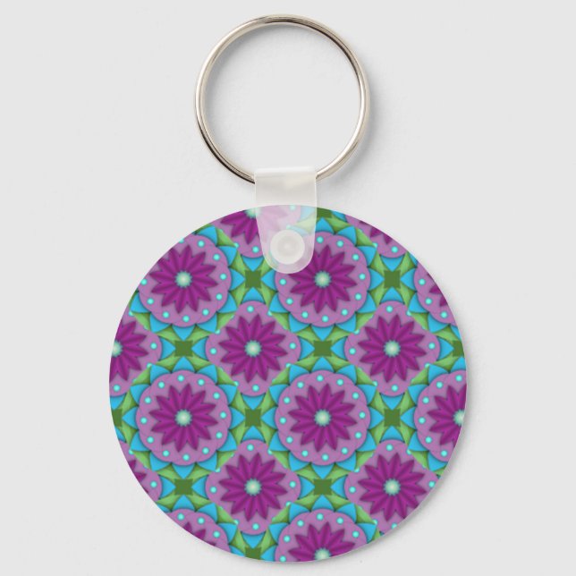 Llavero Patrón de flores magenta, rosa y verde (Anverso)