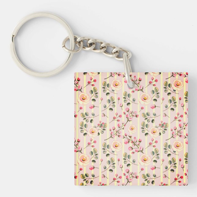 Llavero Patrón de franja floral rosa suave (Frente)