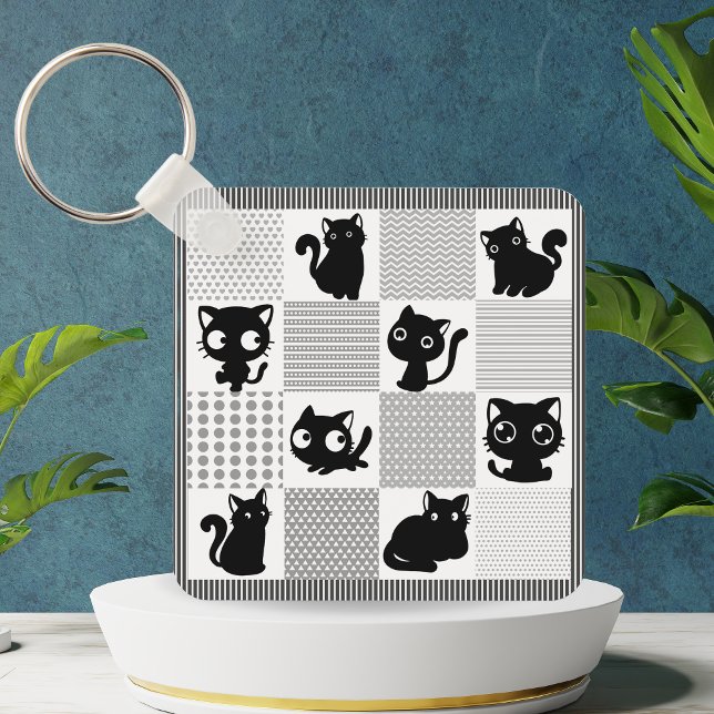 Llavero Patrón de gato negro (Cute Black Cat Pattern Keychain)