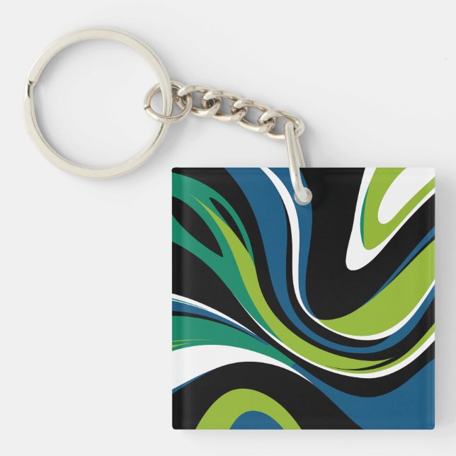 Llavero Patrón de giro de resumen dinámico en verde y azul (Frente)