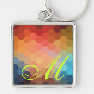 Llavero Patrón de hexágono arcoiris y monograma
