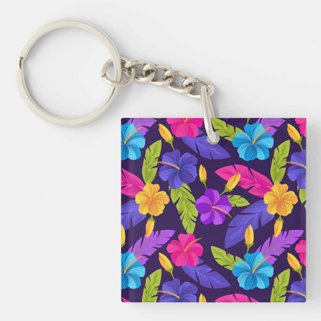 Llavero Patrón de hojas y flores tropicales-23857 (Frente)