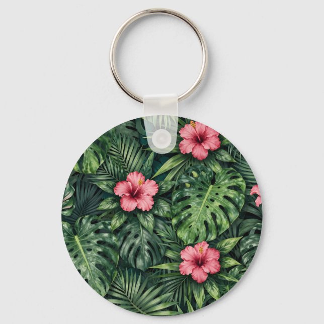Llavero Patrón de jungla de Monstera Hibisco Tropical (Anverso)
