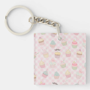 Llavero Patrón de magdalenas lindas de gingham rosa pastel