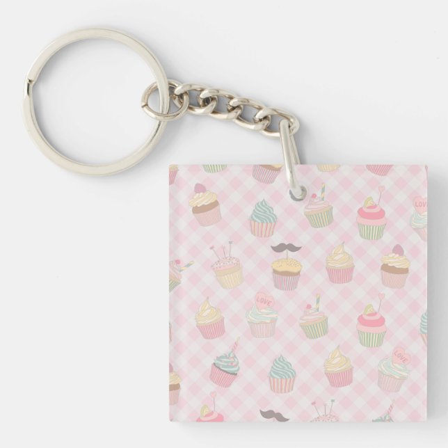 Llavero Patrón de magdalenas lindas de gingham rosa pastel (Frente)