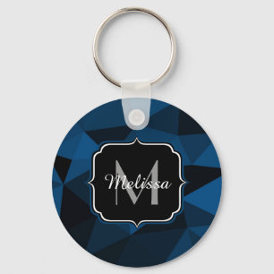 Llavero Patrón de malla geométrica negra azul oscuro Monog