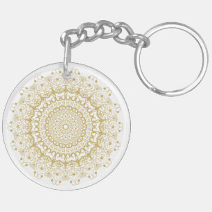 Llavero Patrón de mandal ornamentado en oro sobre blanco