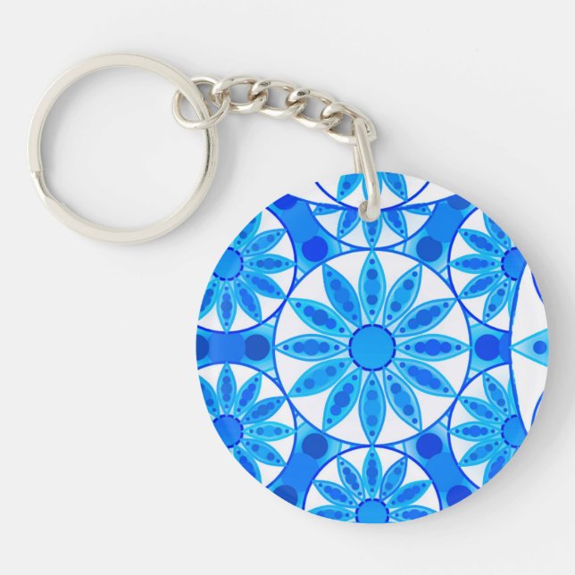 Llavero patrón de mandala, cobalto, turquesa y blanco (Frente)