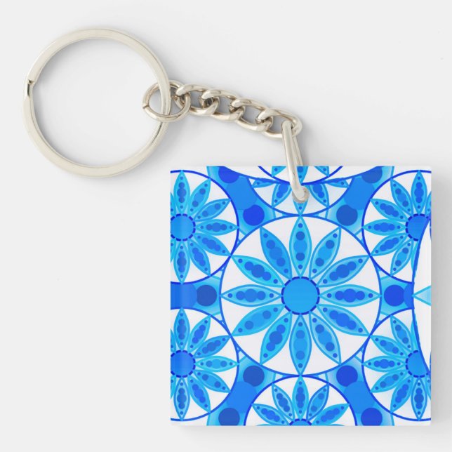 Llavero Patrón de mandala, cobalto, turquesa y blanco (Frente)