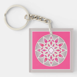 Llavero Patrón de mandala en rosa fucsia, blanco y gris