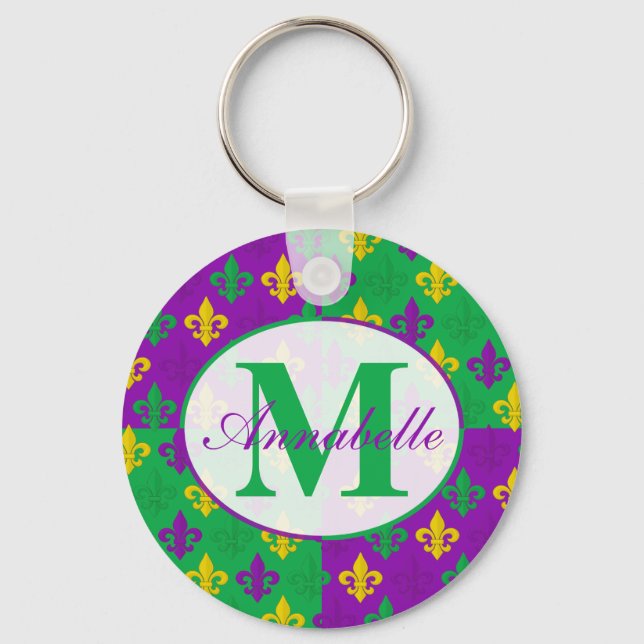 Llavero Patrón de Mardi Gras Fleur de Lis personalizado (Anverso)