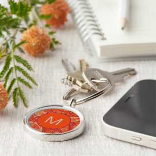 Llavero Patrón de Monograma de Paisley Naranja Ornamentado