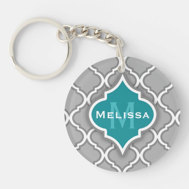 Llavero Patrón de mosaico marroquí, Verde azulado y gris (Frente)