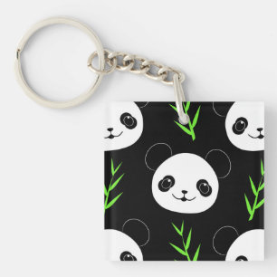 Llavero Patrón de panda Kawaii Bambú en negro blanco verde