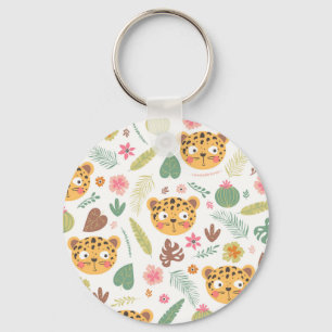 Llavero Patrón de plantas tropicales de cabeza de leopardo