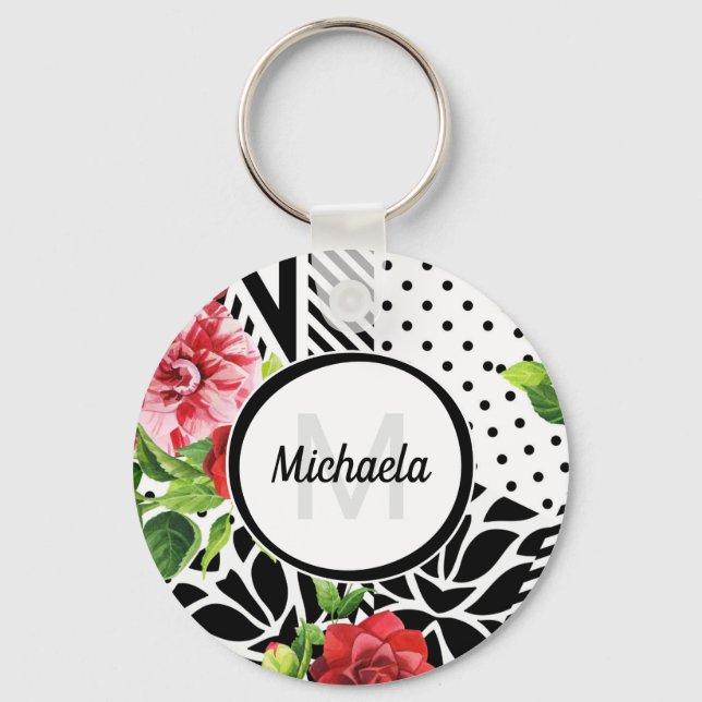 Llavero Patrón de raya geométrica de moda Monograma floral (Anverso)