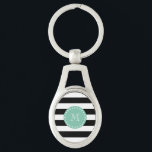 Llavero Patrón de rayas negras, monograma verde de menta<br><div class="desc">Un patrón de rayas precoz, audaces, negras y blancas con tu inicial en una fuente moderna, en una etiqueta de círculo verde menta, pancarta, marco con un borde de línea blanca punteado. GraphicsByMimi© Patrón de líneas moderno, de diseño que puede personalizar con su monograma para ella. Utilice el campo de...</div>